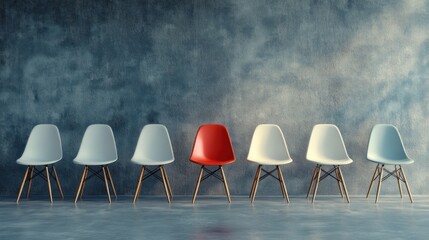 Seven modern chairs stand against a textured industrial wall