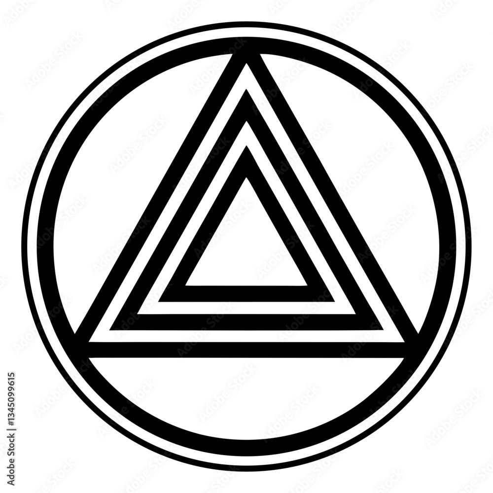 Poster a symbolic representation of a circle with a triangle in the middle, featuring a striking black and 