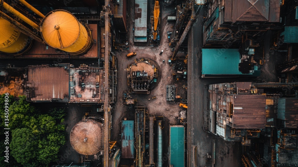 Poster birds-eye view of a factory site under development, with different sections outlined.