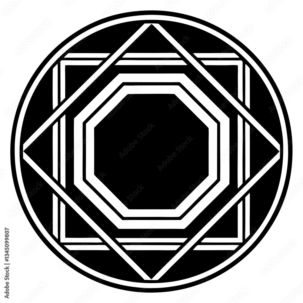 Poster an abstract geometric pattern inside a circular frame, featuring an octagon and other shapes vector 