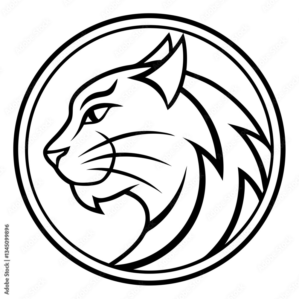Poster a monochrome illustration of a fierce bobcat profile within a circular frame, showcasing its powerfu