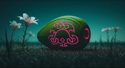 A neon-lit football with a stylized face on it sits in the grass beside a white flower.