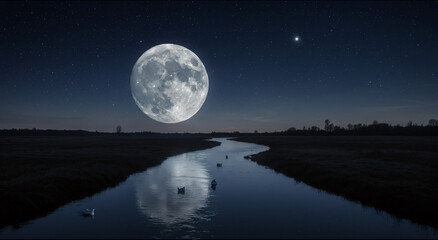A nighttime landscape with a large moon, a river, and swans swimming in the water.