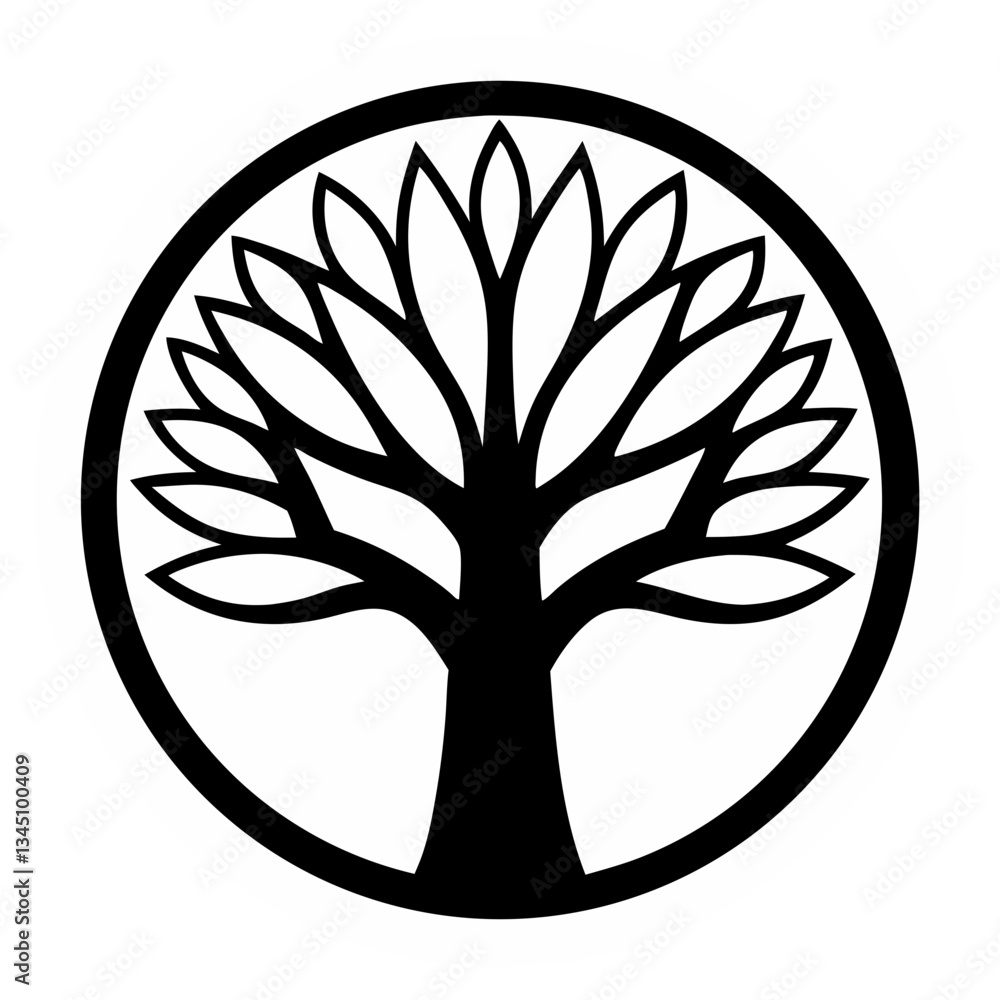 Poster an emblem of a tree silhouetted inside a circular frame. the tree's branches and leaves create a sym