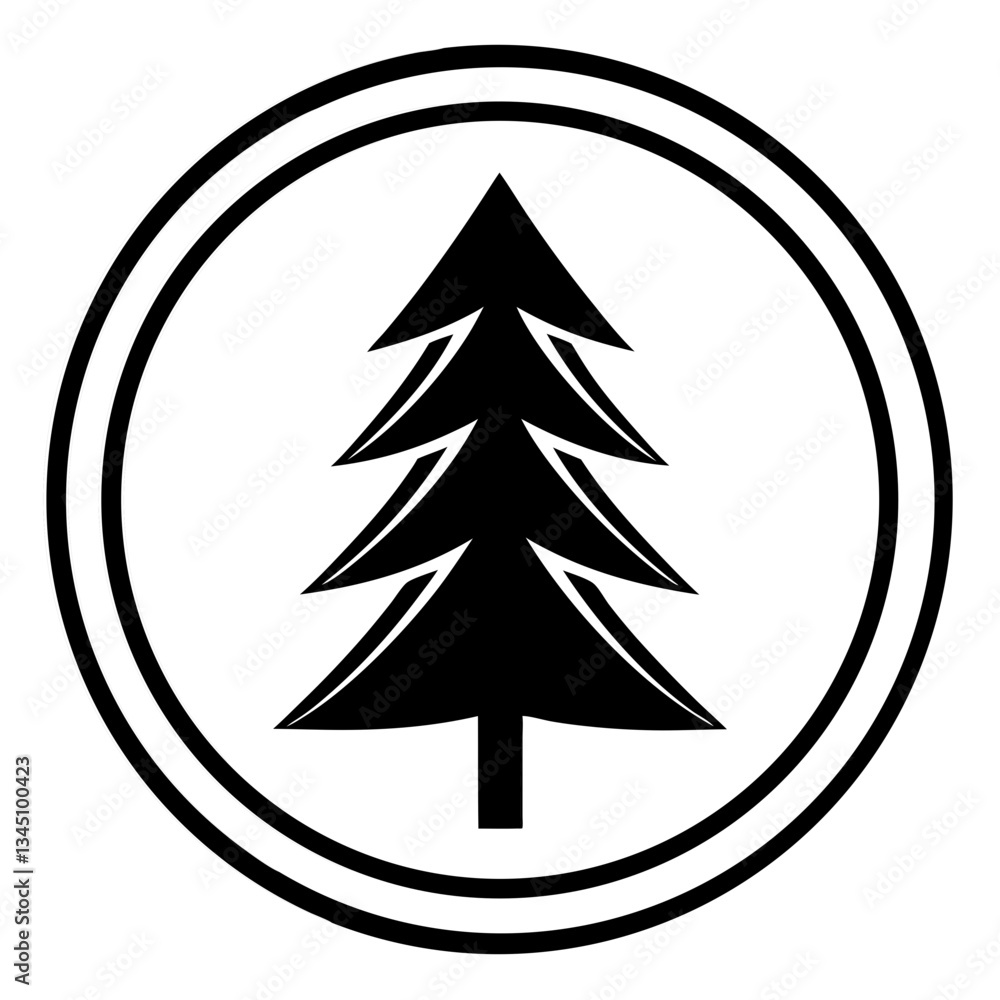 Poster a minimalist graphic icon of a stylized evergreen tree encircled with a double circular frame. the t