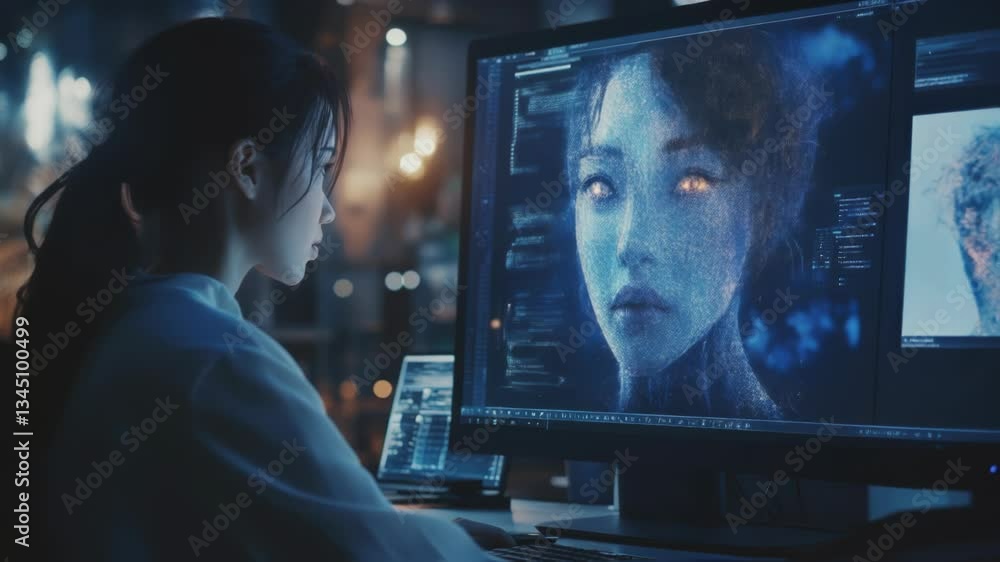 Poster young woman software engineer working late at night analyzing a complex 3d render of a human face di