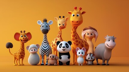 Obraz premium 3d render A cartoon illustration of a diverse group of happy animal characters