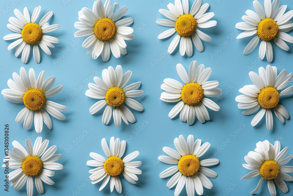 Aufkleber chamomile flowers arranged in a flat pattern on a blue background showcasing the beauty of spring an