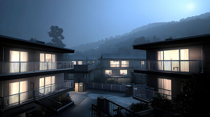 Obraz premium Modern Apartments Illuminated At Night With Mountainous Landscape View Under Blue Cloudy Sky