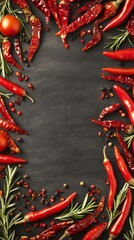 Red chili peppers and herbs arranged on a dark surface