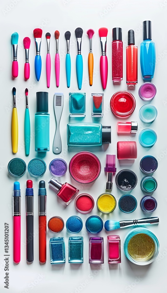 Poster colorful collection of nail polishes, tools, and brushes arranged neatly on a light background for a