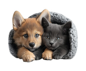 Obraz premium Adorable Baby Fox Cub and Grey Kitten Together in Cozy Knitted Bed as Unlikely Animal Friends Isolated on Transparent and White Background