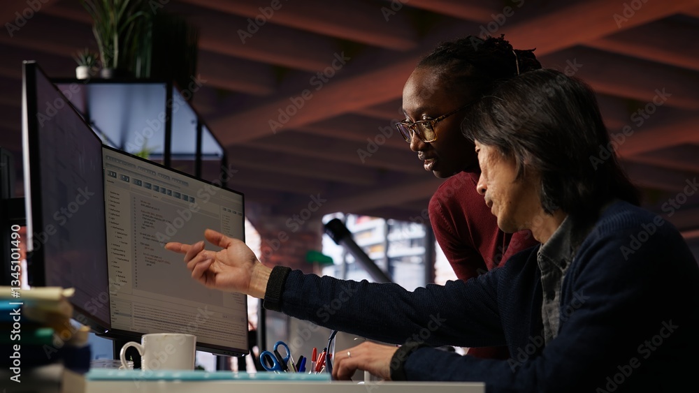 Poster ai startup office admin asks questions to senior team leader before starting implementing machine le
