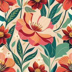 Abstract Botanical Line-Work Floral Seamless Pattern in Vibrant Hues