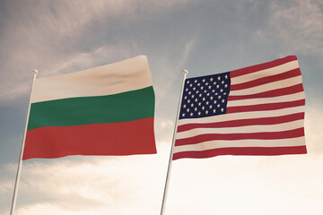 Relations between the countries of the United States of America USA and BULGARIA represented by the concept of two flags waving against a cloudy sky.3d render.