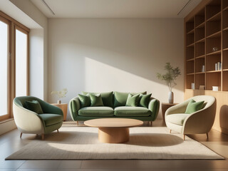 A bright and modern minimalist living room with green and beige furniture, wooden bookshelves, and natural sunlight.