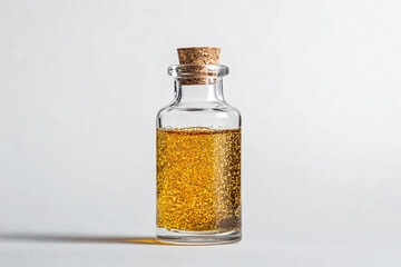 small clear glass bottle filled with golden liquid and sealed with cork placed on light background