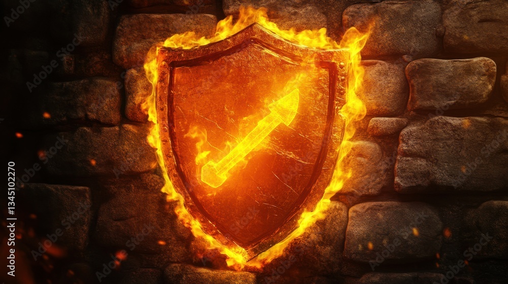 Poster cybersecurity firewall concept with a glowing shield blocking digital threats.