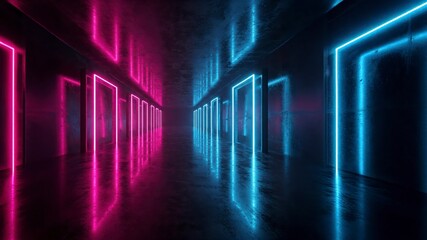 Futuristic corridor with neon lights, geometric shapes, and a dark, moody atmosphere. Perfect for tech, sci-fi, and abstract designs