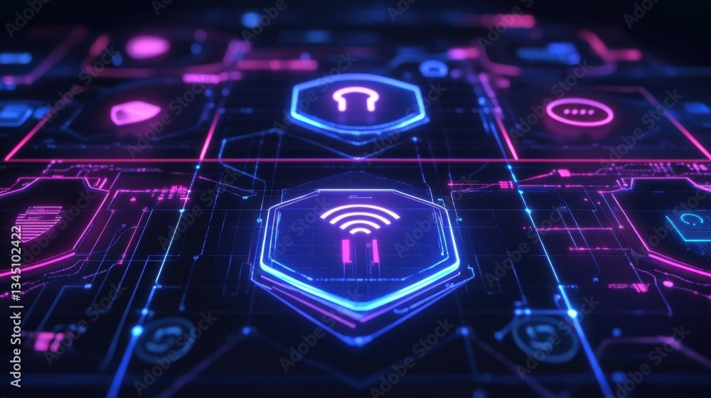 Poster cyber defense system with futuristic neon security shields and encrypted firewalls.