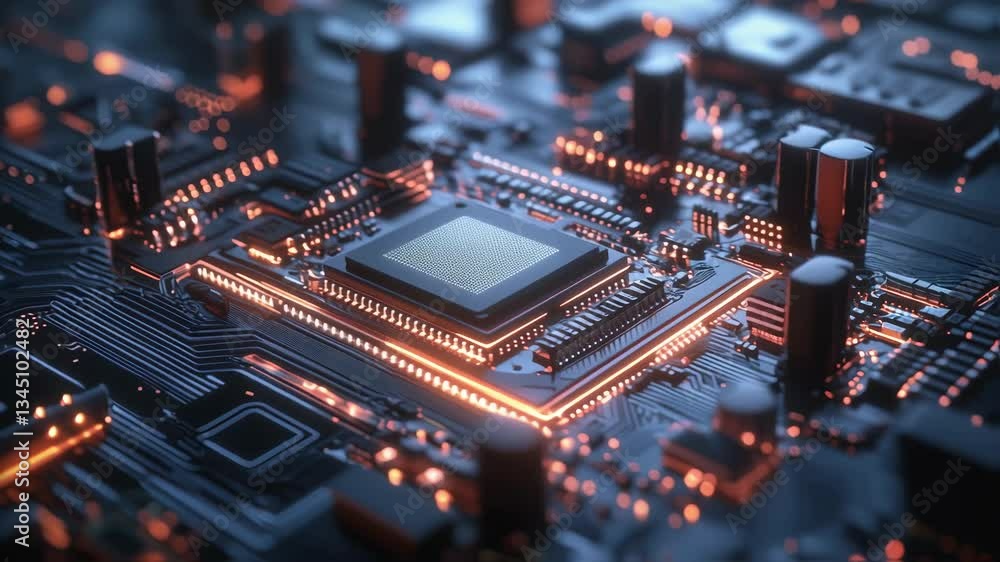 Poster electronic components and circuits on a computer motherboard transmit data, illuminating with orange