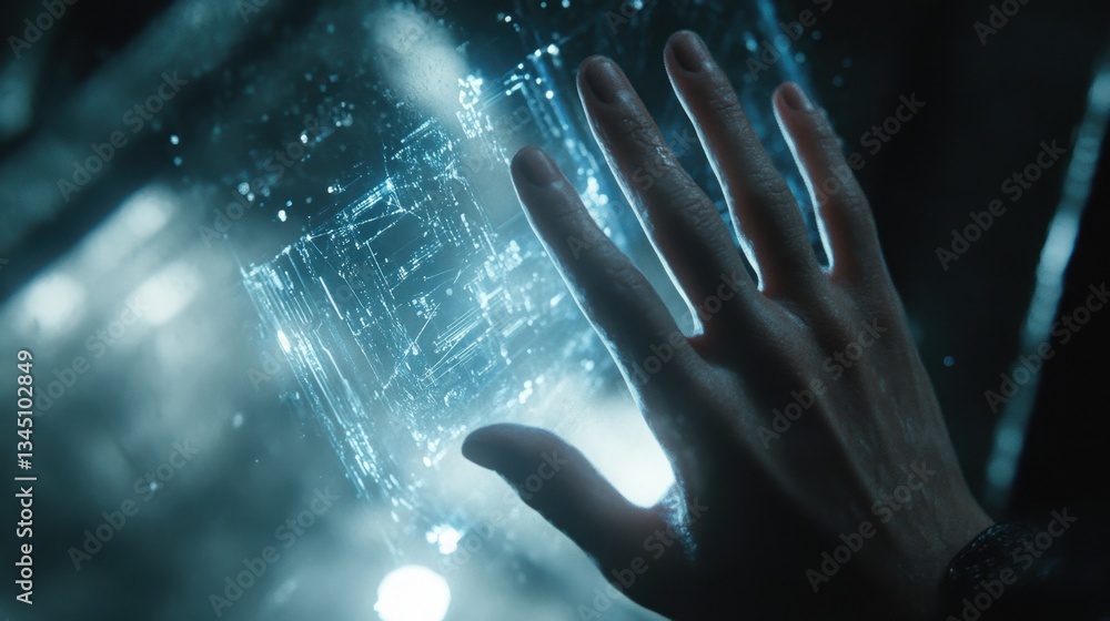 Poster digital ai-powered transformation with a human hand reaching into a cybernetic interface.