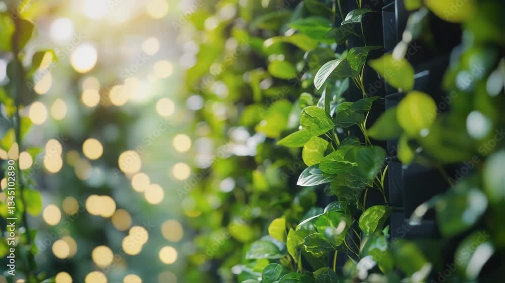 Aufkleber sunlight illuminates lush green leaves growing on a vertical support structure, creating a vibrant n