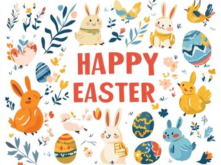 A set of lettering for Happy Easter, featuring Easter bunny ears and eggs, is available as a festive logo with a colorful illustration on a white background