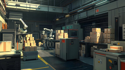 Pixel Art Industrial Warehouse Interior With Machinery And Packaging