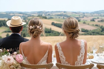 Couple and guest enjoying scenic wedding reception
