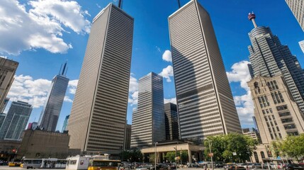 Fototapeta premium Several tall skyscrapers dominate the downtown cityscape under a blue sky