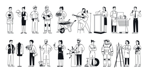 Professions, occupations and jobs set. Teacher, doctor, fireman, policeman and waiter. Various working characters in different uniforms. Doodle vector illustration, isolated