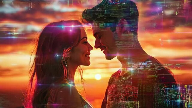 Romantic sunset moment between two individuals embraces digital art influences