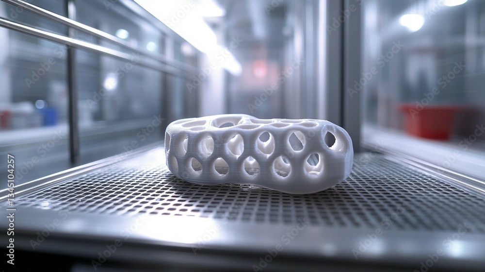 Poster 3d-printed white lattice structure inside a lab.
