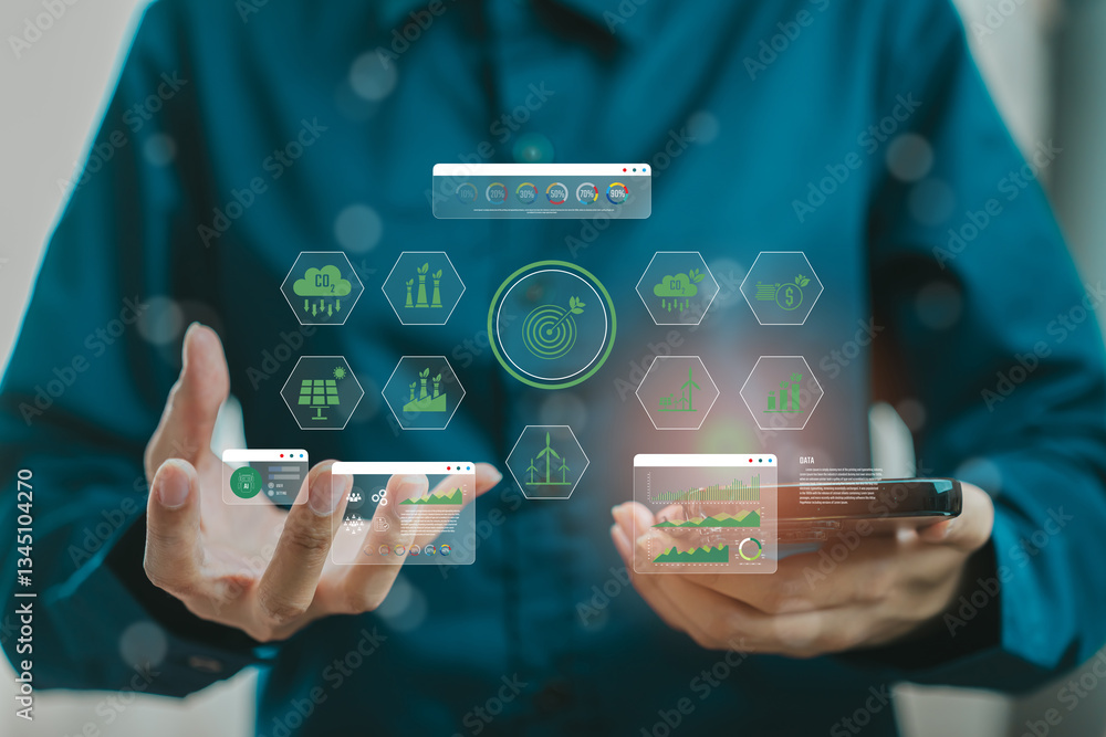 Poster hands holding devices with digital graphics representing technology and data management concepts, bu