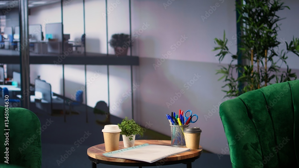 Poster executive workspace features a digital monitor with financial charts and reports, luxurious setup em