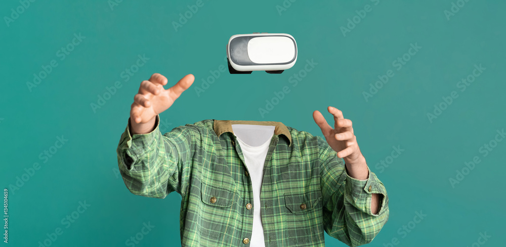 Aufkleber a person is interacting with virtual reality goggles, with no head or face visible. the individual r