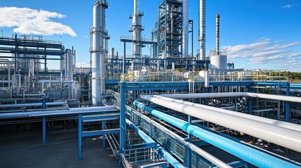 Exterior of an industrial chemical plant with pipes and large machinery.
