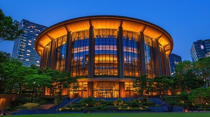 Illuminated Circular Building At Night Surrounded By Greenery