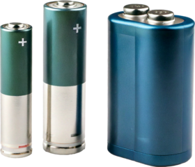 Three batteries (AAA, AA and PP3), isolated on transparent background