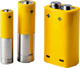 Three batteries (AAA, AA and PP3), isolated on transparent background