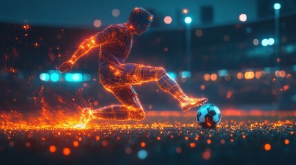 Futuristic digital soccer player made of neon light lines kicking a ball in a high-tech stadium.