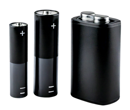 Three batteries (AAA, AA and PP3), isolated on transparent background