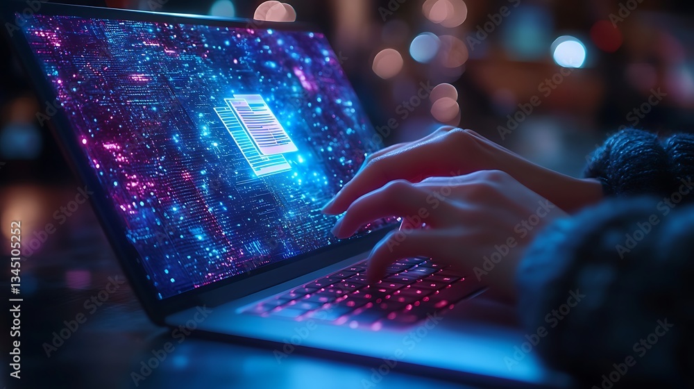 Poster typing on laptop with bokeh lights, person typing on a laptop with a glowing screen, surrounded by b