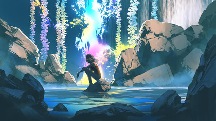 A shadowy woman sits on a rock in a mystical pool surrounded by glowing waterfalls and floating lights creating a dreamlike fantasy scene, digital art style, illustration painting