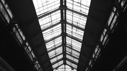 Factory roof structure made of interconnected steel beams under construction.