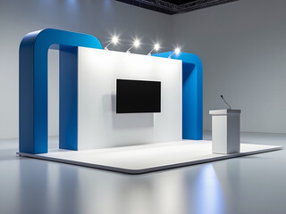 A modern exhibition booth with a minimalist design, featuring a blue curved structure, a white podium, and a large screen on the back panel.