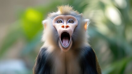 Surprised monkey with wide-open mouth.  Zoo animal portrait