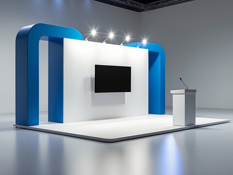 A modern exhibition booth with a minimalist design, featuring a blue curved structure, a white podium, and a large screen on the back panel.