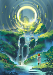 A young woman gazes at a mystical waterfall where a radiant circular light hovers surrounded by floating stones in a lush fantasy landscape, digital art style, illustration painting